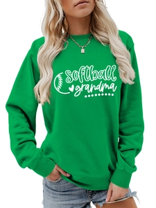 Close-up of green softball grandma sweatshirt showing fabric texture and white print