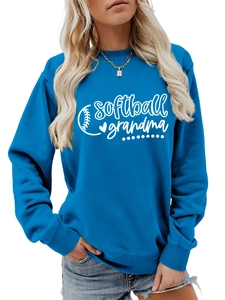 Detail of royal blue softball grandma sweatshirt showing white print and fleece texture