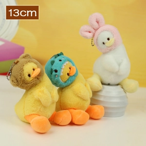 Three cute 13cm duck plush keychains wearing bear, dinosaur, and rabbit animal hats