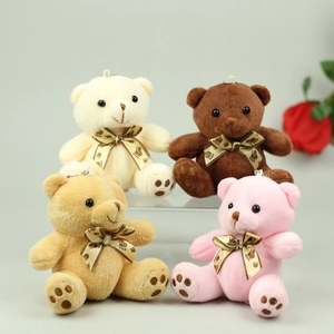 Cute teddy bear plush charms set in four colors with satin ribbons and metal bead chains