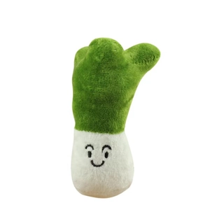 Cute green onion plush keychain toy with embroidered smiling face on white background