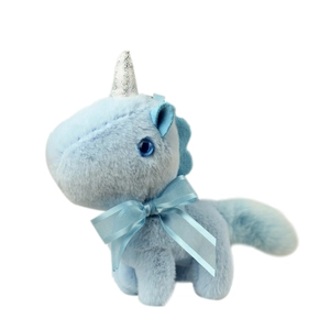 Cute light blue plush unicorn dinosaur keychain toy with shiny silver horn and blue ribbon