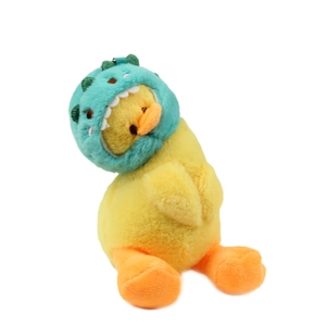 Cute yellow plush duck keychain wearing a green dinosaur hoodie on white background