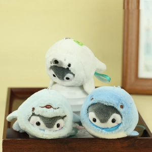 Cute plush penguin keychain set wearing shark and whale outfits for bag decoration