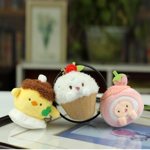 Plush strawberry cake and pudding dessert keychains set for bags and birthday gifts