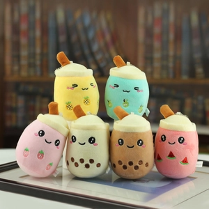 Creative Cartoon Milk Tea Cup Plush Keychain Pendant With Fruit Embroidery Soft Stuffed Doll Bag Ornament For Schoolbag Keys
