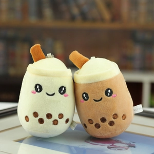 Plush pearl milk tea keychain charms set in beige and brown with cute embroidery
