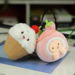 Cute plush strawberry cupcake and swiss roll keychain charms for bags and gifts