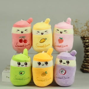 Set di sei portachiavi in peluche a forma di tazza di bubble tea con ricami di frutta