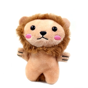 Cute plush lion keychain doll in light brown with dark mane on white background