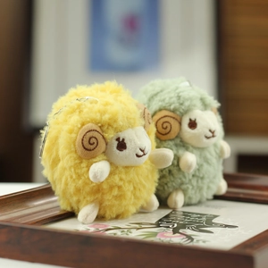 Detailed close-up of fluffy plush sheep charms with soft texture and metal keychains