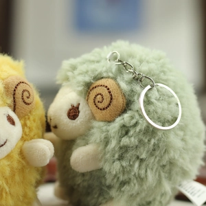 Close-up of soft plush sheep keychains with fluffy fur and metallic rings
