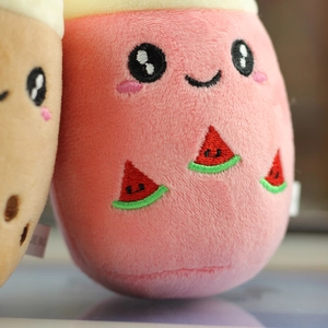 Close-up of plush bubble tea keychain featuring a pink cup with cute watermelon embroidery