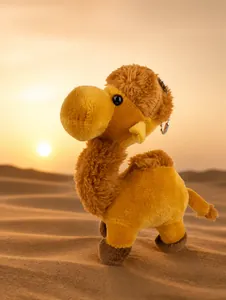 Close-up of cute camel plush keychain with soft yellow fur and metal ring for bags