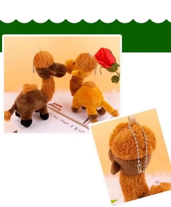 Detail of cute pair of plush camel keychains in brown and yellow with metal ball chains
