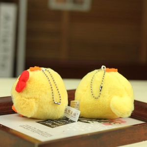 Detail of yellow plush chick charms with red bow, metal bead chains and product labels