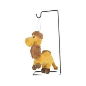 Cute camel plush keychain with soft yellow fur and brown mane hanging on a metal stand