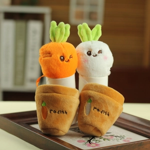 Close-up of cute plush radish pendants with embroidered expressions and Radish text details