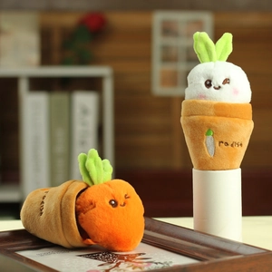 Close-up of plush radish rabbit toys with cute expressions and detailed embroidery