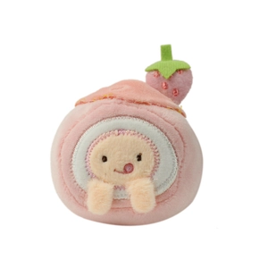 Pink strawberry cream plush keychain with a cute cartoon face embroidery on white background