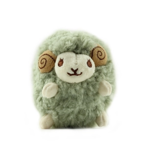 Cute light green plush sheep keychain with soft fur and brown spiral horns