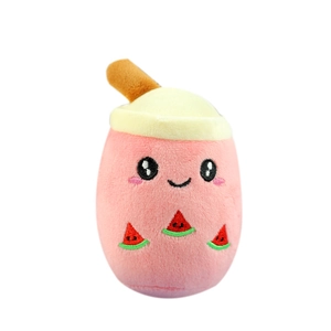 Cute plush boba milk tea cup keychain with watermelon embroidery and cute smiling face