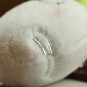 Close-up of soft white plush toy showing fine embroidered whiskers and pink blush details