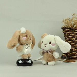 Cute brown and white plush bunny keychains with silk bows for bags and gifts