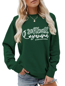 Detail of soft green softball grandma sweatshirt with white print and heart motif