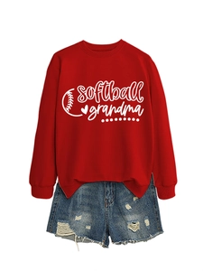 Detail of red crewneck sweatshirt with softball grandma print and denim shorts