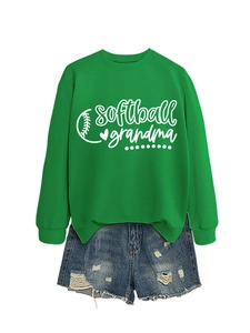 Detail of green crewneck sweatshirt with softball grandma print and denim shorts set