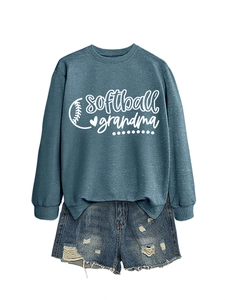 Flat lay of teal softball grandma sweatshirt with distressed denim shorts set