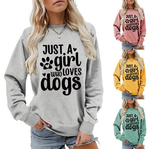 Detail of soft cotton blend long sleeve sweatshirts in multiple colors and dog lover print
