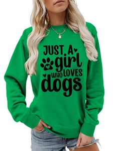 Detail of green women's sweatshirt showing ribbed cuffs and Just A Girl Who Loves Dogs print