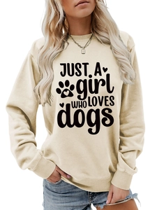 Detail of Just a girl who loves dogs print on beige crewneck sweatshirt for women