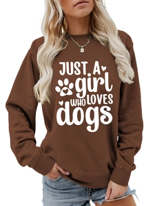 Brown crew neck sweatshirt with white dog lover text print shown on a model
