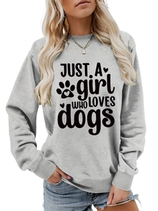 Detail of grey crewneck sweatshirt featuring Just a girl who loves dogs print design