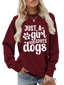 Detail of burgundy sweatshirt rib-knit cuffs and Just a Girl Who Loves Dogs print