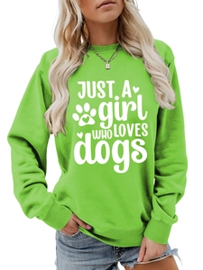 Detail view of the green cotton sweatshirt featuring the Just a Girl Who Loves Dogs print