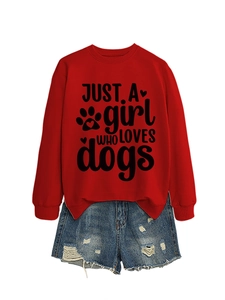 Detail of red long-sleeved sweatshirt with black Just a girl who loves dogs print