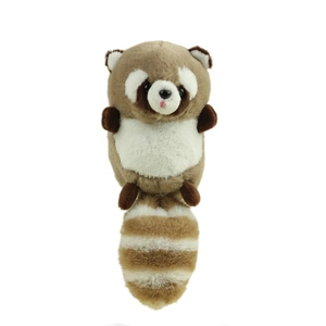 Cute raccoon plush toy with striped fluffy tail and soft brown fur on white background