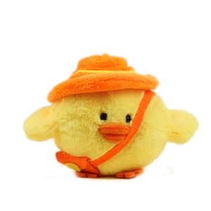 Cute yellow plush chick keychain with orange sun hat and crossbody bag on white background