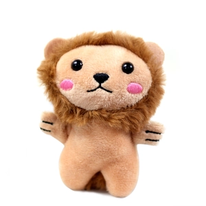 Cute shy lion plush keychain with pink blush and soft brown mane on white background