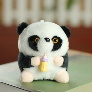 Close-up of soft panda plush with yellow milk bottle and durable white hanging strap