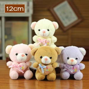Cute 12cm plush teddy bears with Love You hearts in cream pink brown and purple colors