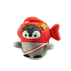 Cute gray penguin plush in red fish costume with scale details, stuffed animal charm