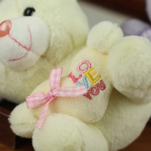 Detail of plush bear with Love You embroidery and pink checkered bow ribbon