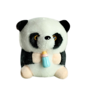Plush panda toy with blue feeding bottle accessory on white background for gifting