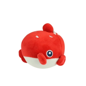 Peluche poisson rouge ronde avec broderie bleue et ventre en velours blanc doux
