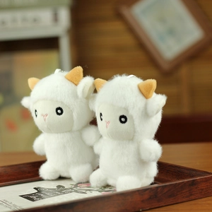 Dettaglio di due simpatici ciondoli a forma di pecora in peluche bianco con ganci